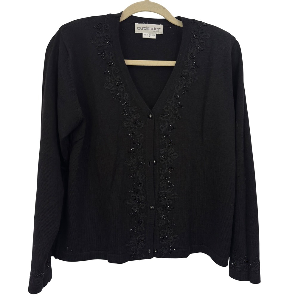 Vintage Outlander Petites Beaded Cardigan Black Wool Blend Whimsigoth PM
